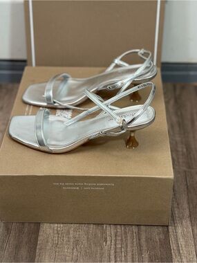 Modatope Metallic Silver Square-Toe Ankle-Strap Heels